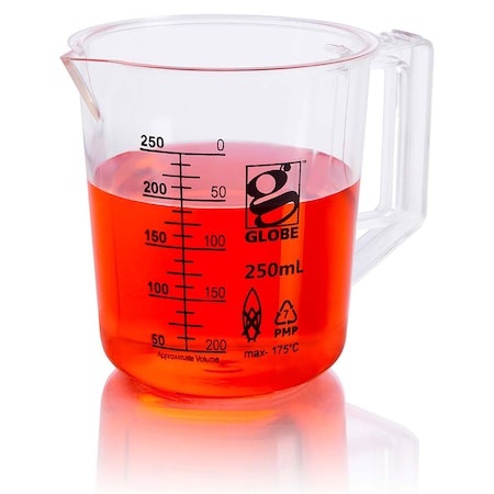 Globe Scientific 250mL Beaker with Handle, Diamond Essentials, Low Form, Printed Graduations, PMP 3656-250